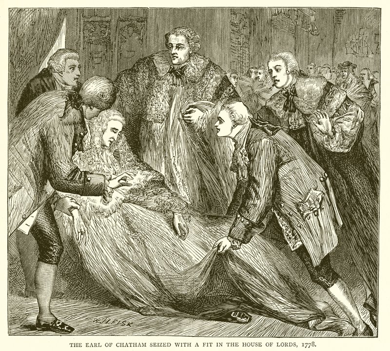 O conde de Chatham apreendido com um ajuste na Câmara dos Lordes, 1778 de English School
