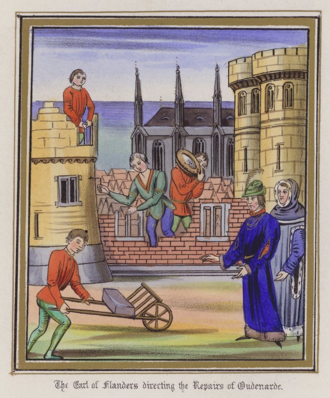 O Conde da Flandres dirigindo as reparações de Oudenarde (gravura colorida) de English School