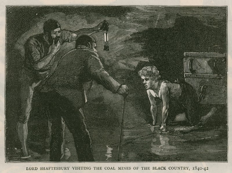 O conde de Shaftesbury; visitando as minas de carvão do País Negro, 1840-41; de The Graphic, 10 de outubro de 1885 de English School