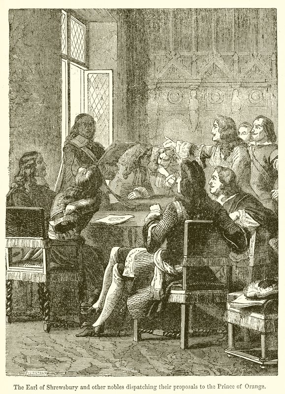 O Conde de Shrewsbury e outros nobres despachando suas propostas para o Príncipe de Orange de English School