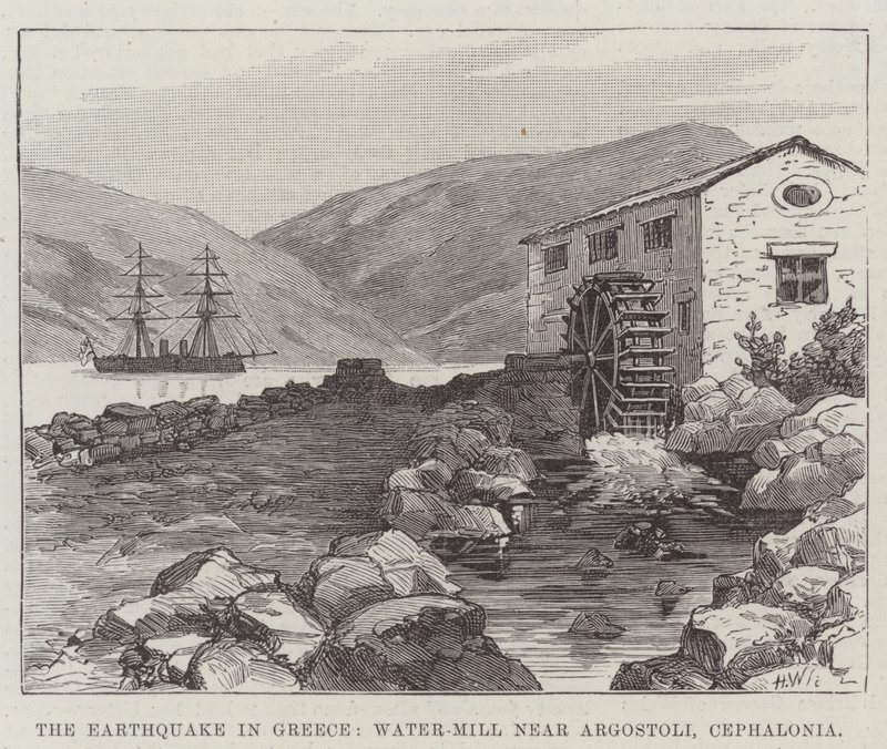 O terramoto na Grécia, Moinho de água perto de Argostoli, Cefalónia (gravura) de English School