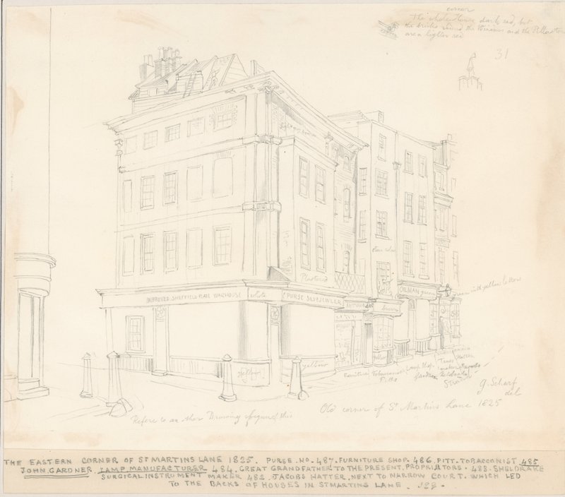 O canto oriental de St Martins Lane, Londres, 1825 de English School