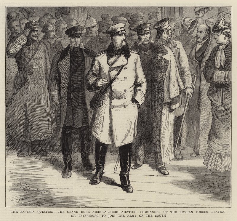 A Pergunta Oriental, o Grão-Duque Nicholas-Nicholaievitch, Comandante das Forças Russas, deixando São Petersburgo para se juntar ao Exército do Sul (gravura) de English School