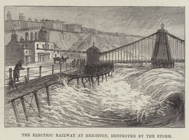 O caminho-de-ferro eléctrico de Brighton, destruído pela tempestade (gravura) de English School