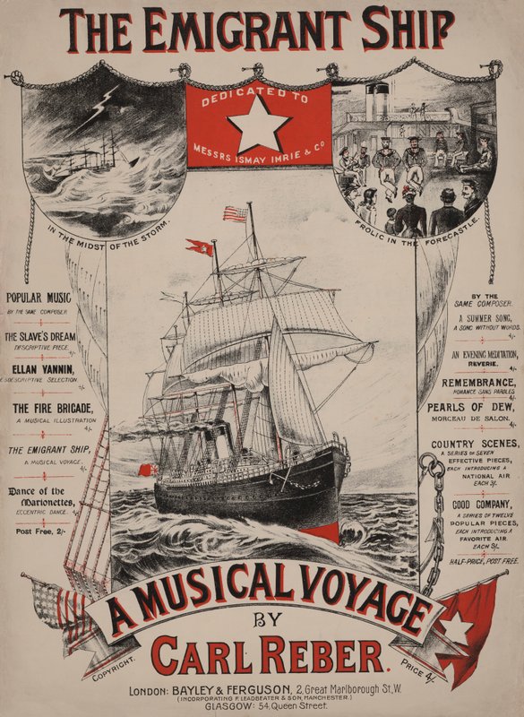 O Navio dos Emigrantes, capa de partitura vitoriana (litografia a cores) de English School