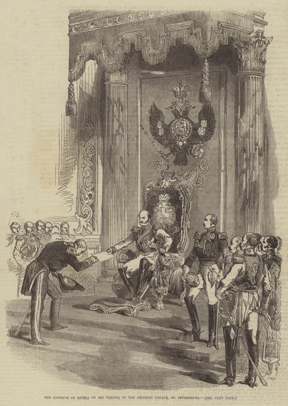 O Imperador da Rússia em seu Trono, no Palácio Imperial, São Petersburgo (gravura) de English School