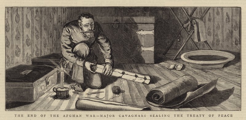 O Fim da Guerra do Afeganistão, Major Cavagnari selando o Tratado de Paz (gravura) de English School
