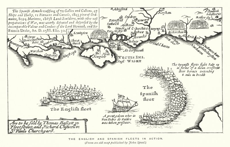 As frotas inglesa e espanhola em acção (gravura) de English School