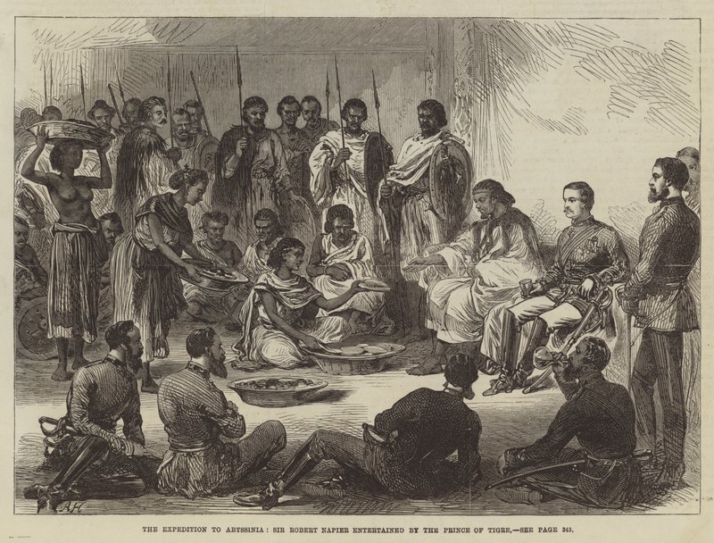 A Expedição à Abissínia, Sir Robert Napier entretido pelo Príncipe do Tigre (gravura) de English School