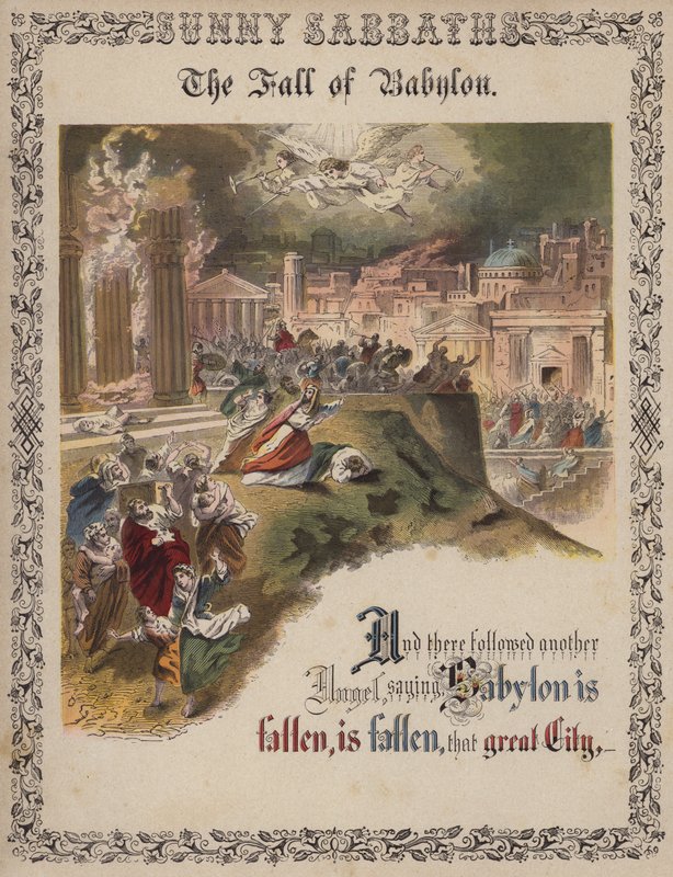 A Queda da Babilónia (gravura colorida) de English School