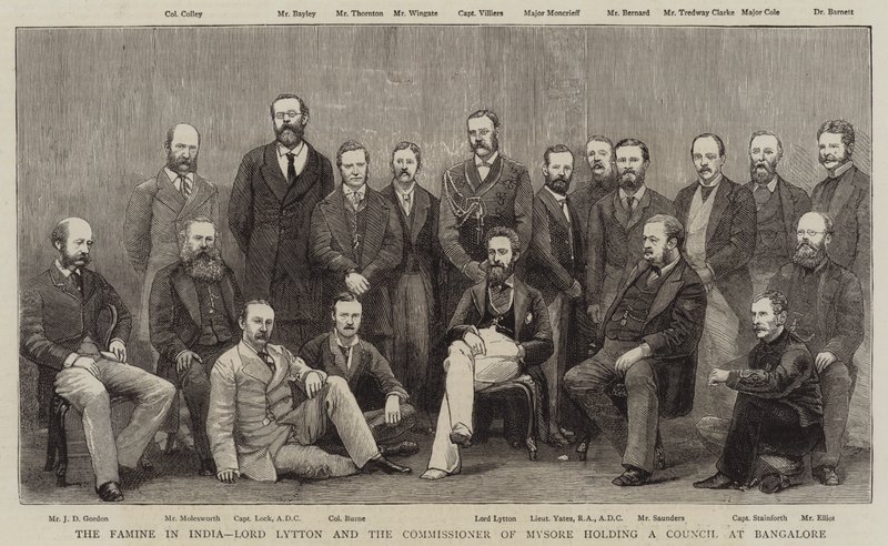 A Fome na Índia, Lord Lytton e o Comissário de Mysore, realizando um Conselho em Bangalore de English School