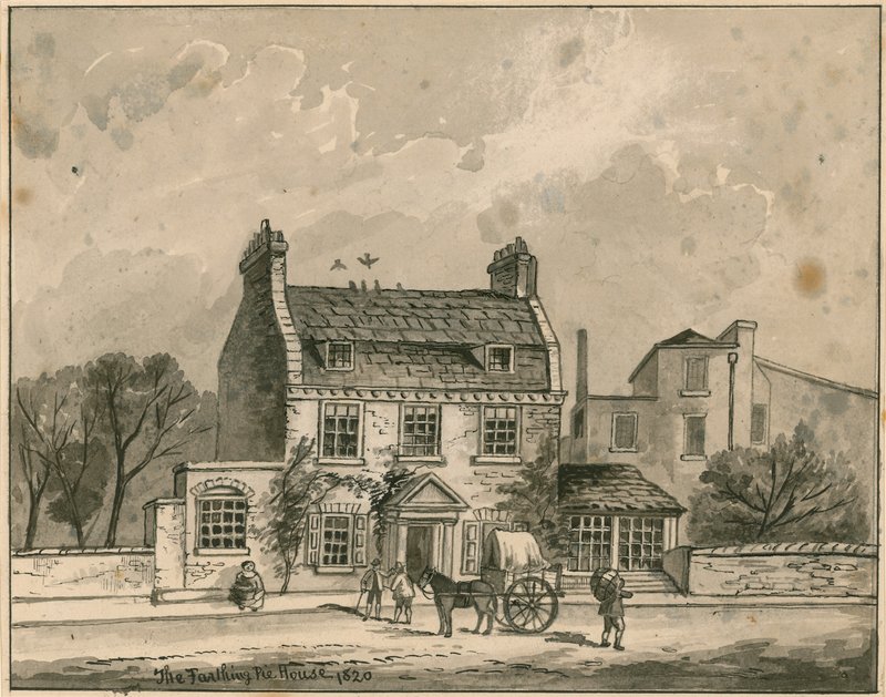The Farthing Pie House, Londres, desenho original datado de 1820 (wc no papel) de English School