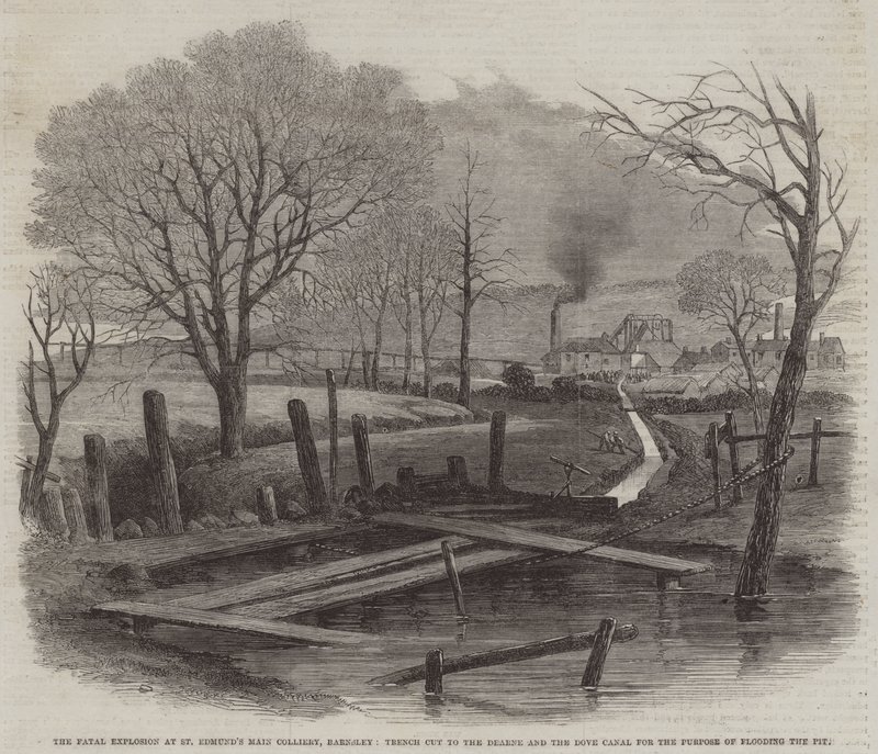 A Explosão Fatal na Colisaria Principal de St Edmund, Barnsley, Trench cut to the Dearne and the Dove Canal for the Purpose of Flooding the Pit (gravura) de English School