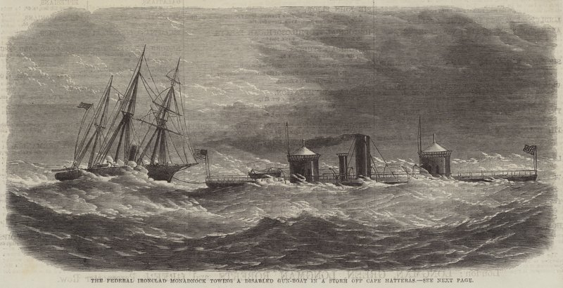 A Federal Ironclad Monadnock rebocando um barco de armas de fogo para deficientes em uma tempestade ao largo do Cabo Hatteras (gravura) de English School