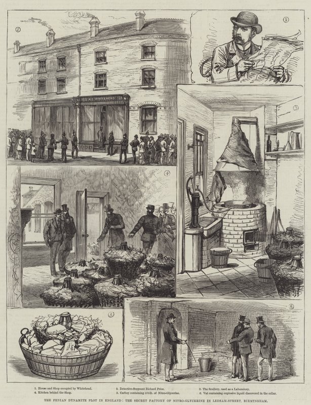 The Fenian Dynamite Plot in England, the Secret Factory of Nitro-Glycerine in Ledsam-Street, Birmingham (gravura) de English School