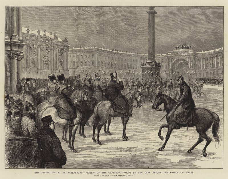 The Festivities at St Petersburg, Review of the Garrison Troops by the Czar before the Prince of Wales (gravura) de English School