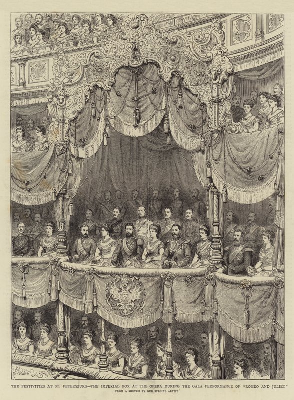 As Festas em São Petersburgo, a Caixa Imperial da Ópera durante a Gala de "Romeu e Julieta" (gravura) de English School