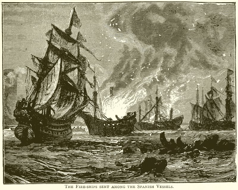 O navio de fogo enviado entre os navios espanhóis de English School