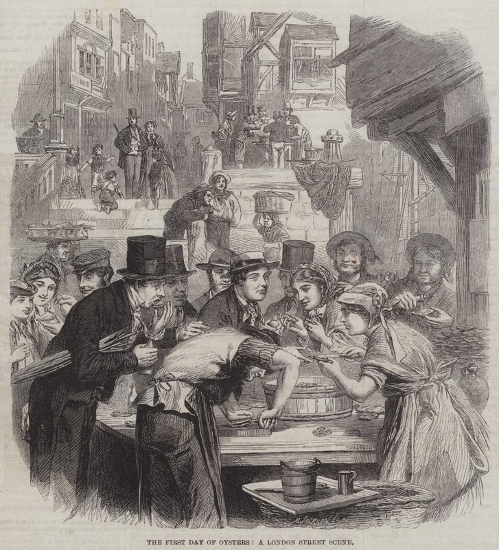The First Day of Oysters, a London Street Scene (gravura) de English School