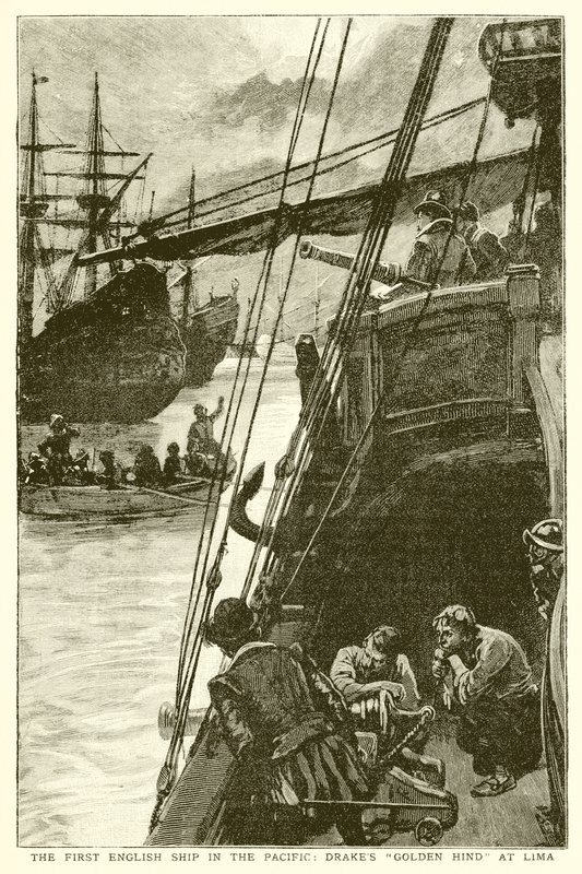 O primeiro navio inglês no Pacífico: Drakes Golden Hind at Lima de English School