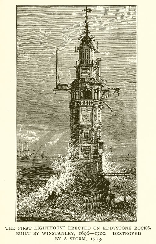 O primeiro farol erigido nas rochas de Eddystone. Construído por Winstanley, 1696--1700, destruído por uma tempestade, 1703 de English School