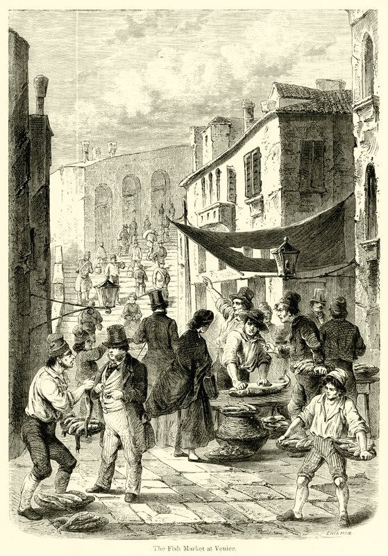 O Mercado do Peixe em Veneza (gravura) de English School