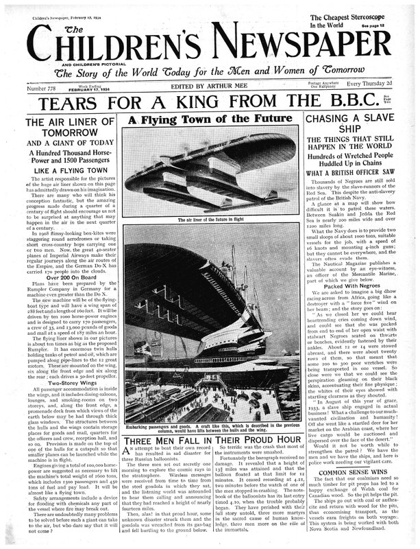 A Cidade Voadora do Futuro, primeira página do &39;The Children&39;s Newspaper&39;, fevereiro de 1934 (papel de jornal) de English School