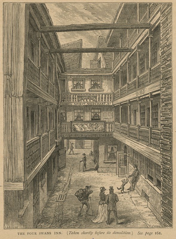 The Four Swans Inn, tomado pouco antes de sua demolição de English School