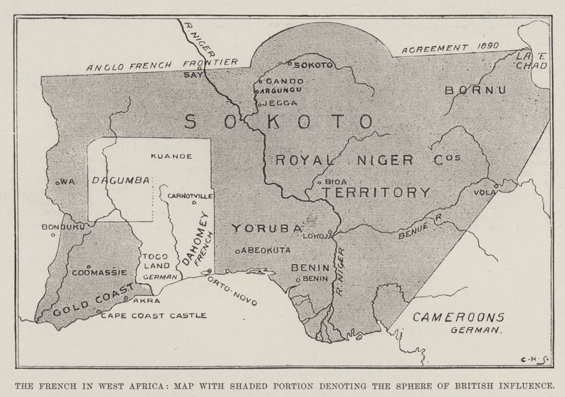 Os franceses na África Ocidental, Mapa com porção sombreada denotando a Esfera de Influência Britânica (litho) de English School