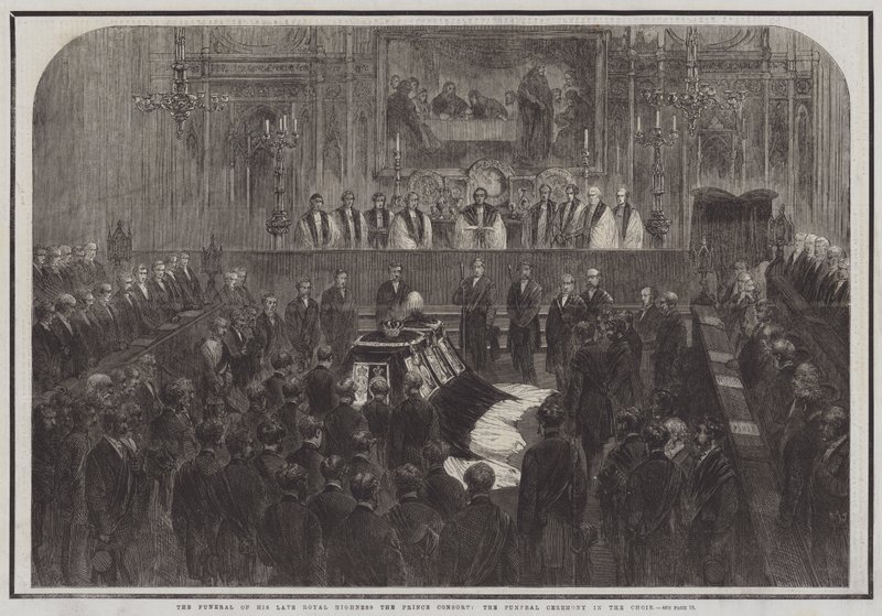 O Funeral de Sua Alteza Real o Príncipe Consorte, a Cerimónia Funerária no Coro (gravura) de English School