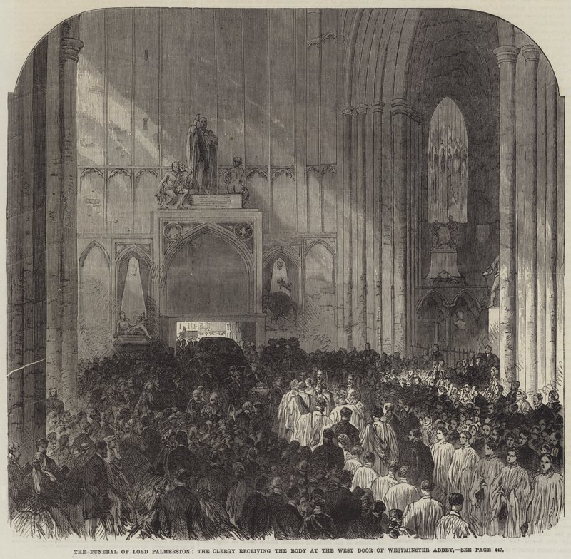 O Funeral de Lord Palmerston, o Clero que recebe o Corpo na Porta Oeste da Abadia de Westminster (gravura) de English School