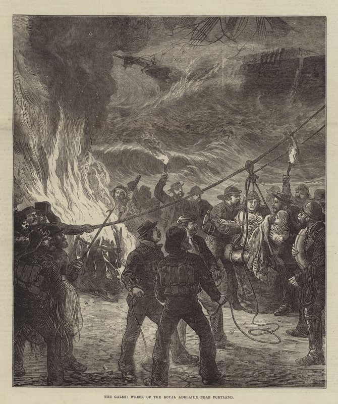 The Gales, Wreck of the Royal Adelaide perto de Portland (gravura) de English School