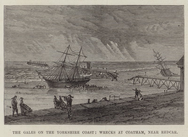 The Gales on the Yorkshire Coast, Wrecks at Coatham, perto de Redcar (gravura) de English School