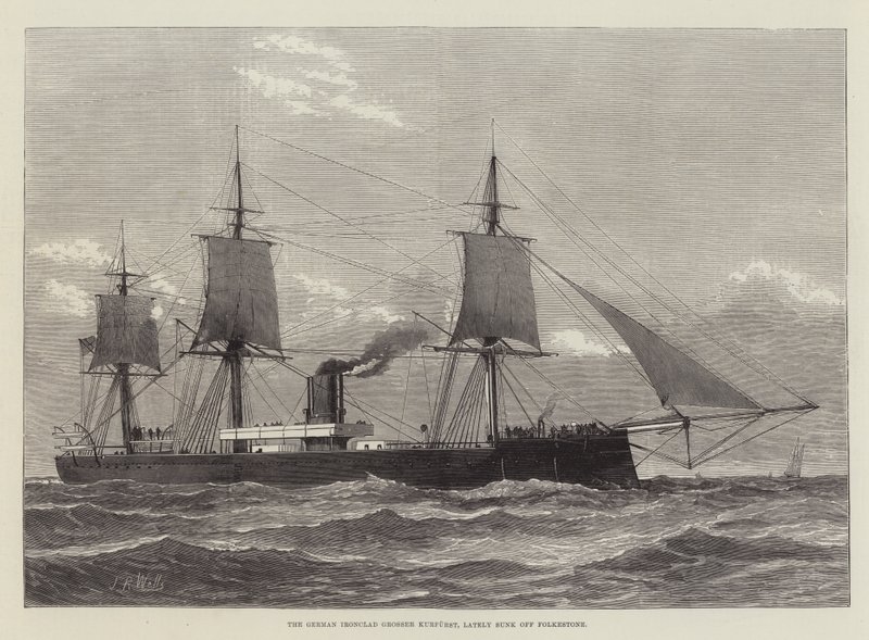 O Kurfurst, o grossista alemão de revestimento de ferro, recentemente afundado em Folkestone (gravura) de English School