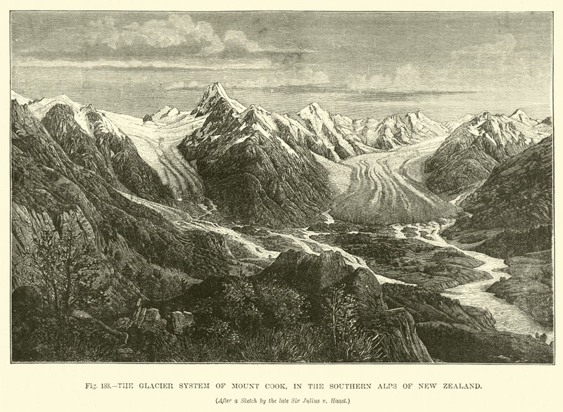 O sistema Glacier do Monte Cook, nos Alpes do Sul da Nova Zelândia de English School