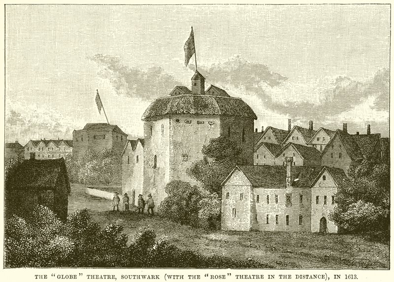 O Globe Theatre, Southwark (com o Rose Theatre à distância), em 1613 de English School