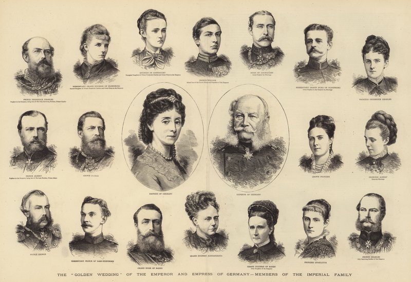 As "Bodas de Ouro" do Imperador e Imperatriz da Alemanha, Membros da Família Imperial (gravura) de English School