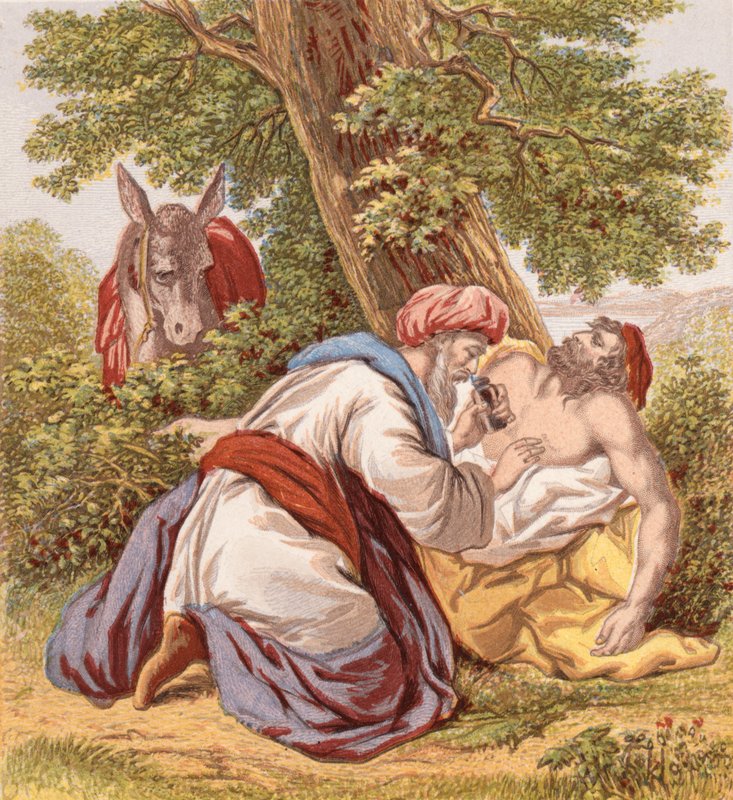 O Bom Samaritano (gravura colorida) de English School