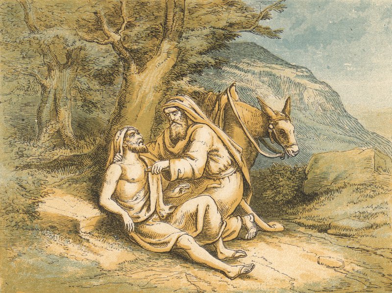 O Bom Samaritano (gravura colorida) de English School
