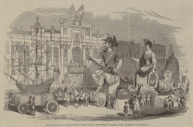 A Grande Cavalgada dos Gigantes passando pelo Palácio do Rei, Place de Meir, em Antuérpia de English School