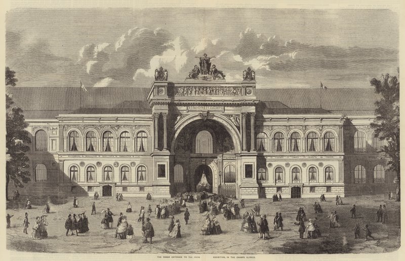A Grande Entrada para a Exposição de Paris, nos Campos Elíseos (gravura) de English School