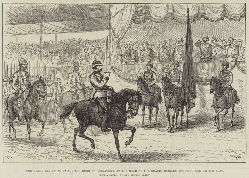 A Grande Revisão no Cairo, o Duque de Connaught, no Chefe da Brigada de Guardas, saudando a Bandeira Britânica (gravura) de English School