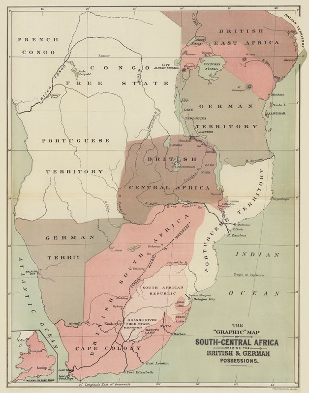 O Mapa Gráfico da África Centro-Sul que mostra as possessões britânica e alemã (cor litho) de English School