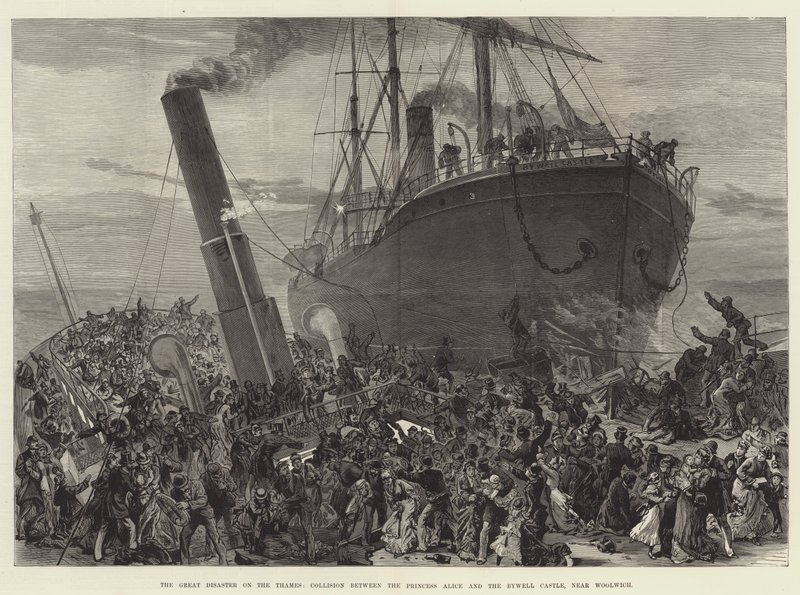 O Grande Desastre no Tamisa, Colisão entre a Princesa Alice e o Castelo Bywell, perto de Woolwich (gravura) de English School