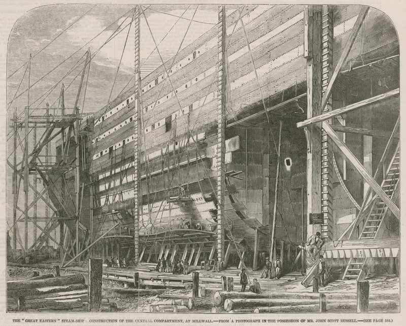 O navio a vapor Great Eastern; Construção do compartimento central no Millwall de English School
