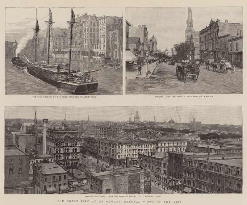 O Grande Fogo em Milwaukee, Vistas Gerais da Cidade (gravura) de English School