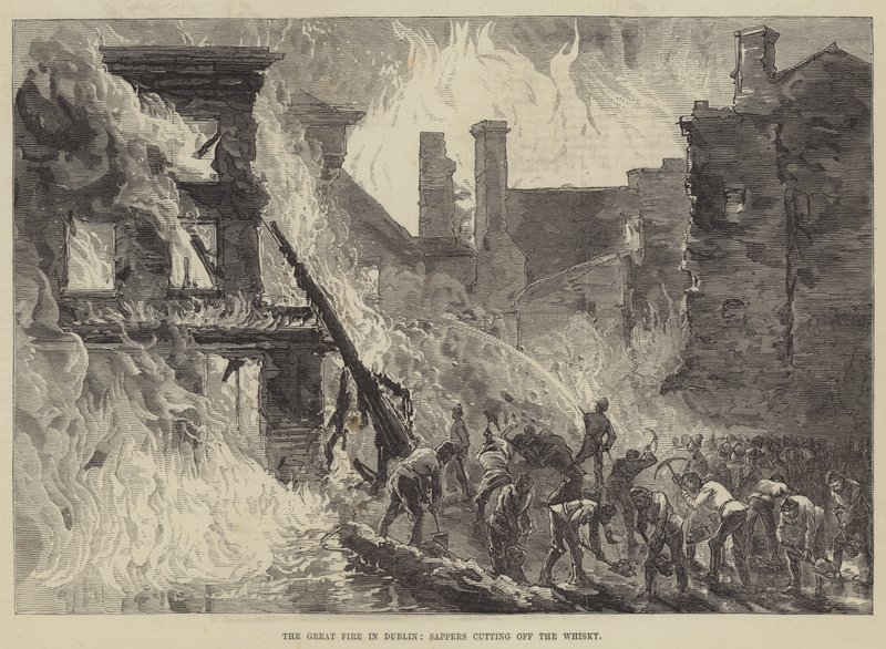 O Grande Fogo em Dublin, Sappers cortando o Whisky (gravura) de English School