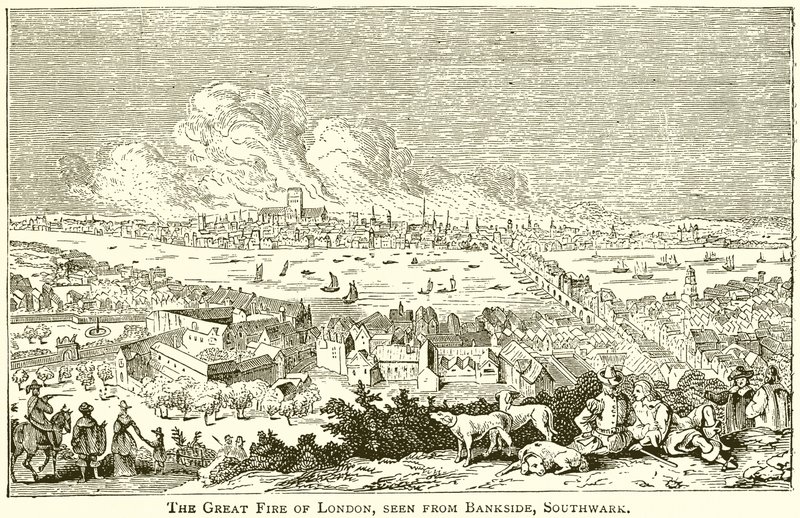 O Grande Incêndio de Londres, visto de Bankside, Southwark de English School