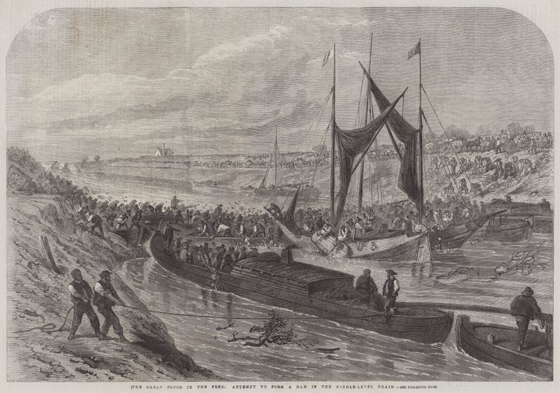A Grande Inundação nos pântanos, tentativa de formar uma barragem no Dreno de Nível Médio (gravura) de English School
