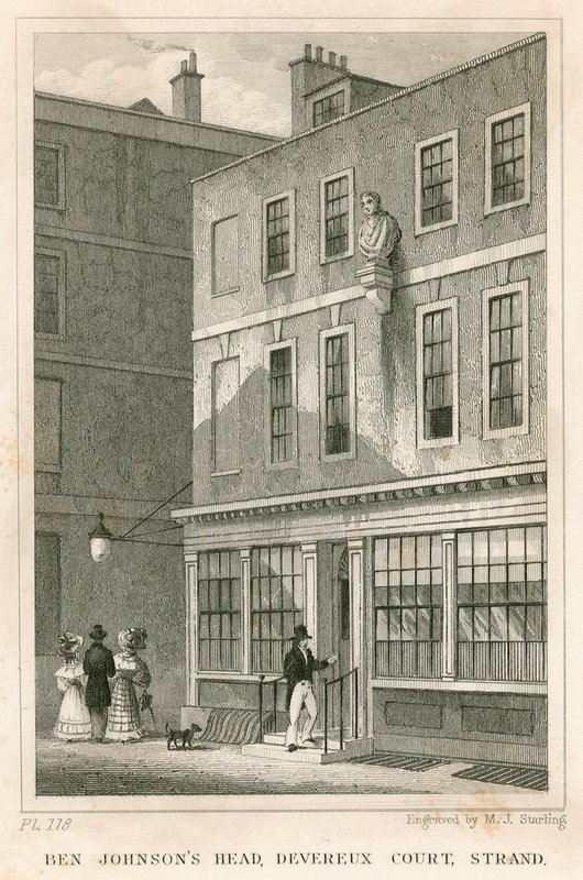 O Grecian Coffee House, Devereux Court, Strand, com um busto de Ben Johnson de English School